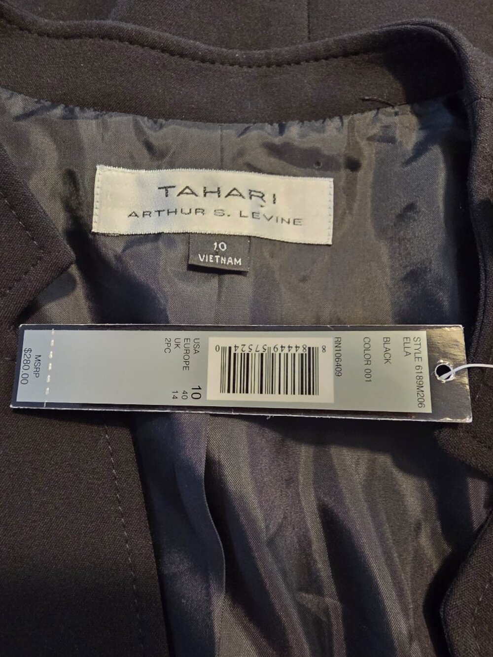 Tahari ASL Size 10 Blazer One Button Closure Zippered Pockets Black Elegant! - Picture 5 of 6